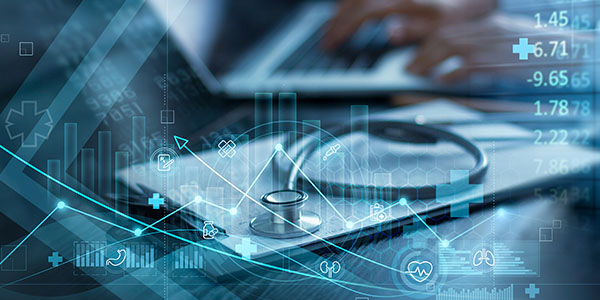 abstract image of data visualization over an image of a stethoscope