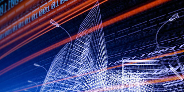 an abstract image of code over an abstract image of a streetscape with office buildings
